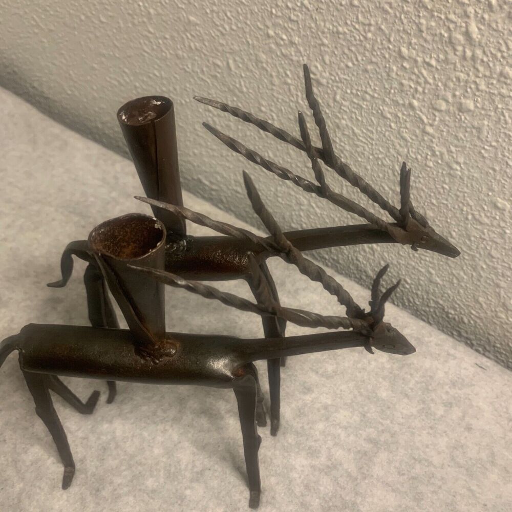 Mid Century Brutalist Forged Iron Deer Antelope Candleholders Set of 2 8”x8”x1”